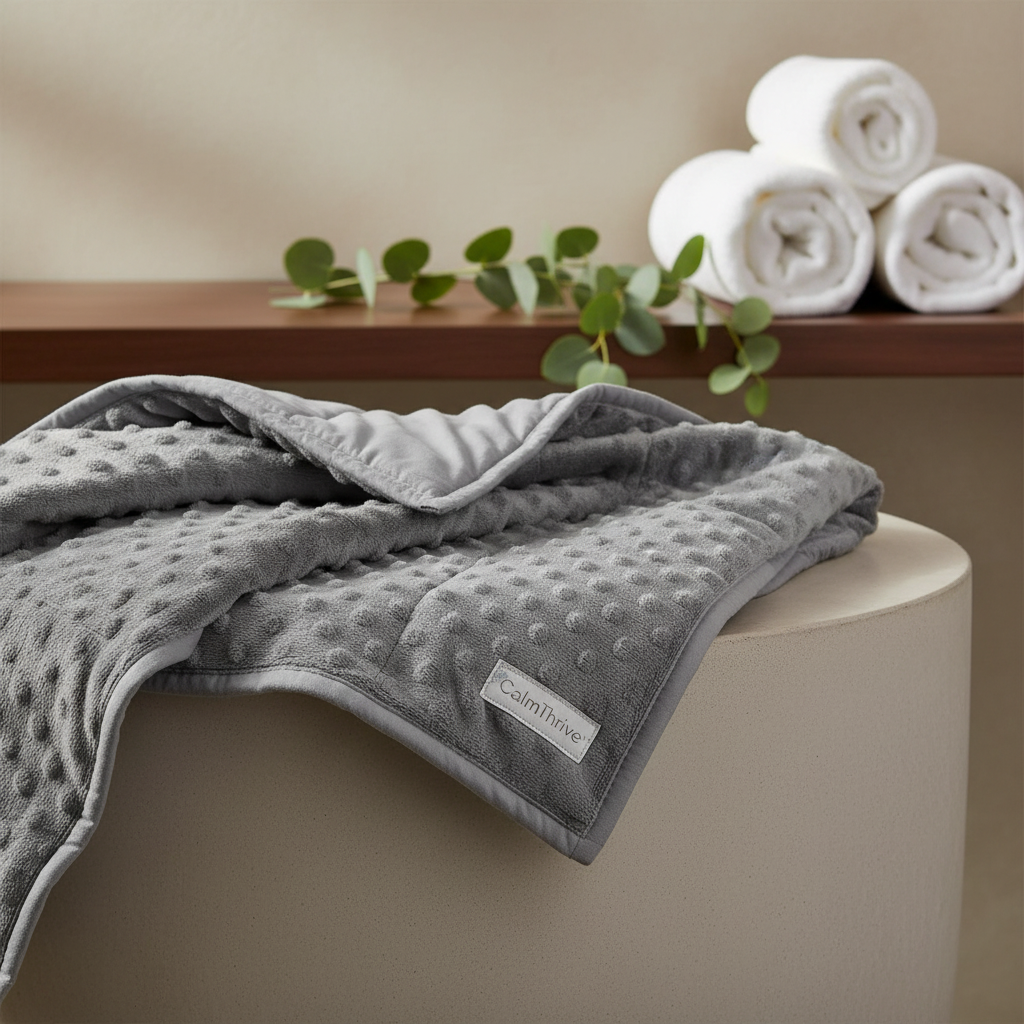 CalmThrive Heavy Comfort Weighted Blanket in a spa setting